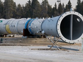 A cylindrical component sits on blocks at the site where a cancelled BA Energy upgrader would have been located, west of Bruderheim, Alta., on Jan. 11, 2012. The site is east of a pumping station to be built by Enbridge pending approval of the Northern Gateway pipeline. (IAN KUCERAK/Postmedia Network Files)