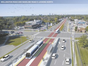 This rendering, looking north along Wellington Road from Baseline Road, illustrates London?s proposed rapid transit bus line.