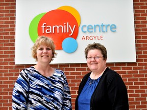 Lori Gower from the YMCA (left) and Deborah Gillis from Merrymount Family Support and Crisis Centre, the co-leads of Family Centre Argyle, outside of the Family Centre on Royal Crescent in London Ont. May 3, 2016. CHRIS MONTANINI\LONDONER\POSTMEDIA NETWORK