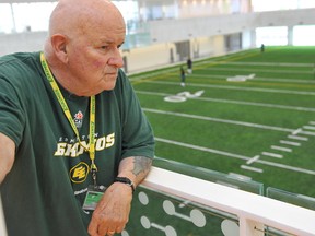 EDMONTON, AB. JUNE 5,  2012 - Coach Bill MacDermott oversees Day 2 of the Edmonton Eskimos training camp at the Commonwealth fieldhouse.