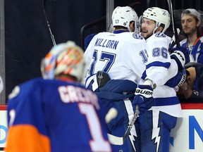 Tampa Bay Lightning winger Nikita Kucherov (86) celebrates his goal against the New York Islanders with teammate Alex Killorn (17) during Game 4 of the second round of the playoffs Friday at Barclays Center. (Brad Penner/USA TODAY Sports)