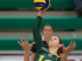 EDMONTON, AB. FEBRUARY 20, 2015 - Meg Casault  of the University of Alberta Pandas, smashes the ball at Nikki Cornwall of the Trinity Western University Spartans at the Saville Centre in Edmonton in the Womens' final match of the Canada West final four Championship.