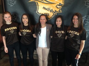 Head coach Vanessa Martinez Lagunas (centre) added  to the Bisons women’s soccer roster (left to right) Jamie Newall, Celeste Gallego, Hailey Lavarias, and Hayley Ward.