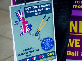 Herbert Crossman, from the UKIP Harrow Branch campaigning for the UK to exit the European Union. Crossman held a set of bolt cutters and a chain to symbolize "cutting the chains" that bind the UK to Europe leading to "Independence Day" if the leave campaign is successful in swaying voters in the upcoming referendum. (Wenn.com)
