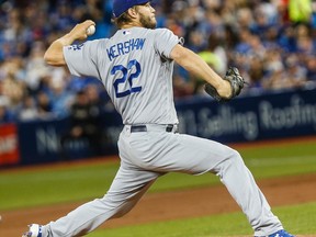 Los Angeles Dodgers pitcher Clayton Kershaw throws against the Blue jays at the Rogers Centre in Toronto Saturday May 7, 2016. (Dave Thomas/Toronto Sun/Postmedia Network)