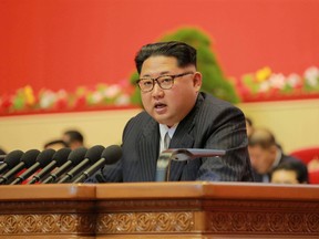 North Korean leader Kim Jong Un speaks during the Workers' Party Congress in Pyongyang May 7, 2016 in this handout photo provided by KCNA. KCNA/via REUTERS