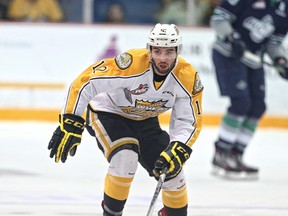 Brandon Wheat Kings forward Stelio Mattheos of Winnipeg pursues the puck in Game 2 of the WHL final against the Seattle Thunderbirds in Brandon on Saturday. May 7, 2016. The Wheat Kings won 3-2 in voertime to take a 2-0 series lead.
Bruce Fedyck photo credit
