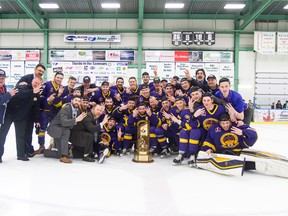 The Carleton Place Canadians celebrate after winning the Fred Page Cup on May 8. (Derek Croney, photo)