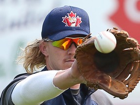 Winnipeg Goldeyes outfielder Josh Romanski catches the ball during American Association baseball practice in Winnipeg, Man. Sunday May 08, 2016.
Brian Donogh/Winnipeg Sun/Postmedia Network