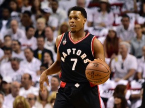 Toronto Raptors guard Kyle Lowry dribbles the ball against the Miami Heat during the first quarter in game three of the second round of the NBA Playoffs at American Airlines Arena. (Steve Mitchell-USA TODAY Sports)