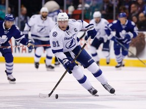 Tampa Bay Lighting Steven Stamkos carries the puck against the Toronto Maple Leafs during the first period of NHL action in Toronto, Tuesday March 15, 2016. THE CANADIAN PRESS/Mark Blinch