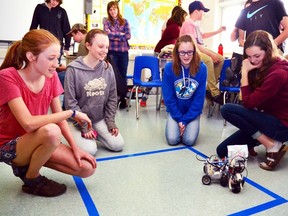During the Sumo Challenge in the Grade 8B Robotic Olympics at Mitchell District High School (MDHS) last Wednesday, May 4, robots were pitted against each other to see which one could be pushed out of bounds first. Pictured from left, Bree Belfour, Alivia Judge, Analese Chaffe, and Jessica Brock. GALEN SIMMONS MITCHELL ADVOCATE