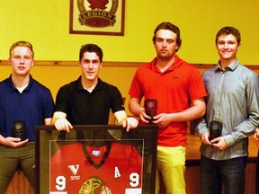 Members of the Mitchell Hawks who won awards at their team ceremony May 5 included, from left, Evan Chaffe, coaches award; Jake Finlayson, playoff MVP; Brock Baier, rookie of the year; Jalen Aitcheson, scoring champion and regular season MVP; Kyle Spence, sportsmanship and ability; Tyler Pauli, hockey and academics; Nick Jung, most improved; Haydn Favacho, best defenceman. GALEN SIMMONS MITCHELL ADVOCATE