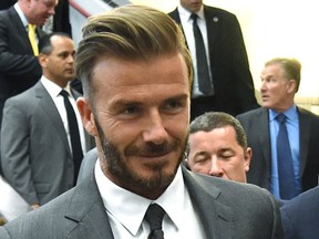 LAS VEGAS, NV - Former soccer player David Beckham arrives at a Southern Nevada Tourism Infrastructure Committee meeting with Oakland Raiders owner Mark Davis (not pictured) at UNLV on April 28, 2016 in Las Vegas, Nevada. (Photo by Ethan Miller/Getty Images)