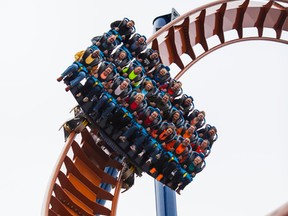 This photo provided by Cedar Point Amusement Park shows the Valravn, the new roller coaster that's opening to the public on Saturday, May 7, 2016 at Cedar Point in Sandusky, Ohio. The roller coaster has already broken records. It's now recognized as the tallest, fastest and longest dive coaster. (Jordan Sternberg/Cedar Point Amusement Park via AP)