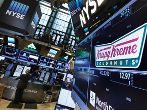 The Krispy Kreme logo appears above its trading post on the floor of the New York Stock Exchange, Monday, May 9, 2016. Krispy Kreme is being taken private by JAB Beech in a deal worth approximately $1.35 billion. (AP Photo/Richard Drew)