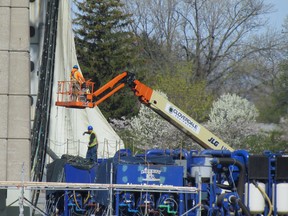 A painting project on the Michigan half of the original Blue Water Bridge span is reducing westbound lanes on the crossing, shown here on Monday May 9, 2016 from Point Edward, Ont. The rehabilitation project by the Michigan Department of Transportation is expected to continued until November. (Paul Morden, The Observer)