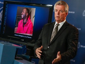 Toronto Police Homicide Staff-Insp. Greg McLane comments on four arrests in the Oct. 31, 2015 shooting homicide of Charles Shillingford (seen on screen) Monday, May 9, 2016. (Dave Thomas/Toronto Sun)