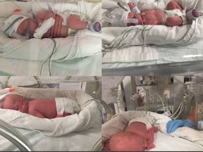 Bethani and Tim Webb of Hythe - 500 kilometres northwest of Edmonton - became the parents of four identical baby girls, named Emily, Grace, McKayla and Abigail, on May 6, 2016, seen in this composite image made from four photographs.
Handout, Tim Webb, The Canadian Press