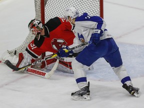 Zach Hyman and the Marlies haven’t been able to get many pucks past  Albany Devils goalie Scott Wedgewood this series. (Dave Thomas/Toronto Sun)