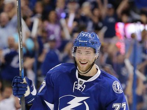 Tampa Bay Lightning defenceman Victor Hedman celebrates his goal during Game 2 of an NHL playoff series against the New York Islanders in Tampa on April 30, 2016. (AP Photo/Chris O'Meara)