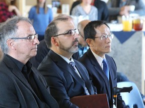 MPP Glenn Thibeault was on hand at the Vale Living With Lakes Centre to announce funding of $630,000 from the Northern Ontario Heritage Fund to create a five-year research chair position on Monday. Looking on during the announcement are are John Gunn, director of Living With Lakes Centre, Thibeault and Rui Wang, vice-president of research at Laurentian University. (Gino Donato/Sudbury Star)