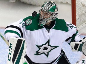 Dallas Stars goalie Kari Lehtonen keeps his eye on the puck during the first period of Game 6 of the NHL Western Conference semifinals against the St. Louis Blues in St. Louis on May 9, 2016. (AP Photo/Jeff Roberson)