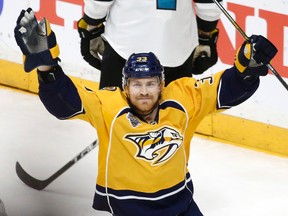 Nashville Predators centre Colin Wilson celebrates after scoring a goal against the San Jose Sharks during the third period in Game 6 of an NHL Western Conference semifinal playoff series in Nashville on May 9, 2016. (AP Photo/Mark Humphrey)