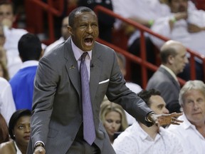 Toronto Raptors head coach Dwane Casey yells at his team during the second half of Game 4 of an NBA second-round playoff basketball series against the Miami Heat in Miami on May 9, 2016. (AP Photo/Alan Diaz)