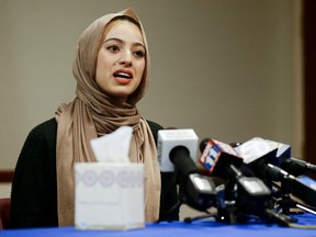 Bayan Zehlif, 17, speaks during a news conference in Anaheim, Calif., on May 9, 2016. Zehlif posted a photo on Facebook of what she says is her picture with the name "Isis Phillips" underneath it in the Los Osos High School yearbook. She writes in the post that she's "extremely saddened, disgusted, hurt and embarrassed." (AP Photo/Chris Carlson)