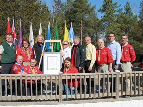 Dignitaries such as Mayors Mike Bradley and Bill Weber, MPP Monte McNaughton and MPs Marilyn Gladu and Bev Shipley joined Scouting leaders to celebrate Camp Attawandaron's designation as a Scout Centre of Excellence for Nature and Environment on Saturday, Apr. 30. 
CARL HNATYSHYN/SARNIA THIS WEEK