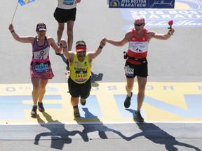 Shannon Porges, John Young and Sarnia's Wes Harding cross the finish line during the 2016 Boston Marathon.
Submitted photo for SARNIA THIS WEEK