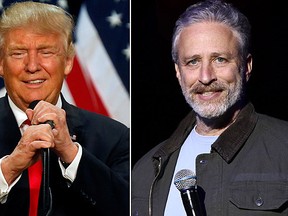 Jon Stewart, right, has weighed in with a new dig at old foe Donald Trump, left, labelling the presumptive Republican presidential nominee a "man-baby." (Reuters and AP File Photos)