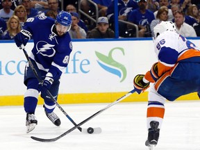 Lightning right wing Nikita Kucherov passes the puck against the Islanders during Game 5 of the second round NHL playoff series in Tampa, Fla., on Sunday, May 8, 2016. (Kim Klement/USA TODAY Sports)