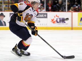 Erie Otters defenceman Travis Dermott carries the puck during first-period action Monday, April 11, 2016 against the Soo Greyhounds in Game 3 of OHL Western Conference semifinals at Essar Centre in Sault Ste. Marie, Ont. (Jeffrey Ougler/Postmedia Network)