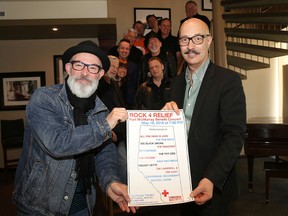 Emily Mountney-Lessard/The Intelligencer
Andy Forgie and Mark Rashotte promote Rock for Relief, a benefit concert for Fort McMurray, Alta. which is taking place Wednesday, May 18 at 7:30 p.m. at the Empire Theatre. Shown in back are members of participating bands.