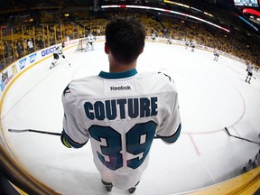 San Jose Sharks centre Logan Couture looks on during warmups prior to a playoff game against the Nashville Predators at Bridgestone Arena in Nashville on May 9, 2016. (Aaron Doster/USA TODAY Sports)