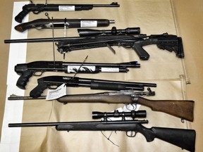 Firearms seized by Alberta Law Enforcement Response Teams following the arrest of a gang assoicate in Fairview, Alta. on May 1.