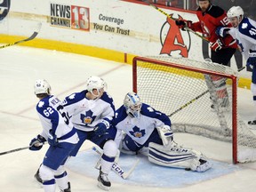 Marlies goalie Antoine Bibeau makes a save during their AHL quarterfinal game against the Devils in Albany, N.Y., last night. (Michael P. Farrell/Albany Times Union)
