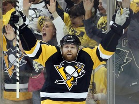 Pittsburgh Penguins right winger Phil Kessel celebrates after scoring a goal against the Washington Capitals in Game 6 of the second round of the NHL playoffs at the CONSOL Energy Center in Pittsburgh on May 10, 2016. (Charles LeClaire-USA TODAY Sports)