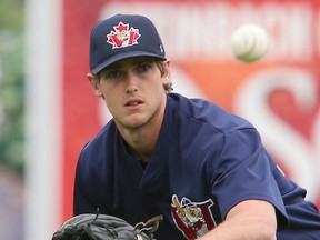 Winnipeg Goldeyes third baseman Wes Darvill goes for the ball during American Association baseball against the FargoMoorhead Redhawks in Winnipeg, Man. Tuesday May 10, 2016.
Brian Donogh/Winnipeg Sun/Postmedia Network