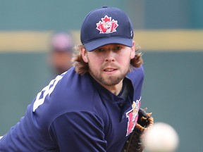 Winnipeg Goldeyes starting pitcher Mikey O'Brien tosses the ball against the FargoMoorhead Redhawks during American Association baseball in Winnipeg, Man. Tuesday May 10, 2016.
Brian Donogh/Winnipeg Sun/Postmedia Network