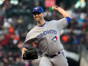 Toronto Blue Jays starting pitcher J.A. Happ throws to the San Francisco Giants in the first inning of a game at AT&T Park in San Francisco on May 10, 2016. (Lance Iversen/USA TODAY Sports/