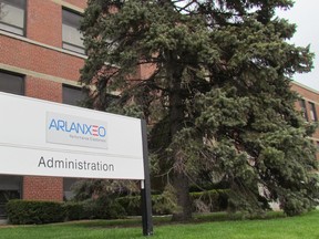 Signs at the Lanxess site on Vidal Street, shown here on Tuesday May 10, 2016 in Sarnia, Ont., have been changed to Arlanxeo, the name of a new joint venture between Lanxess and Saudi Aramco. (Paul Morden, The Observer)