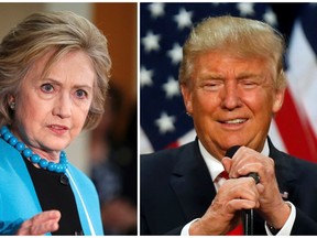 A combination photo shows U.S. Democratic presidential candidate Hillary Clinton (L) and Republican U.S. presidential candidate Donald Trump (R) in Los Angeles, California on May 5, 2016 and in Eugene, Oregon, U.S. on May 6, 2016 respectively.  (REUTERS/Lucy Nicholson (L) and Jim Urquhart/File Photos)