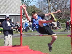 GDCI’s Connor Pullen takes his turn in the bantam boys high jump at the Huron-Perth track and field invitational in Goderich on May 3. Pullen came in second place, with first place going to fellow Viking, Kai Hussey. (Laura Broadley/Goderich Signal Star)