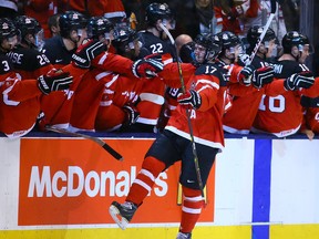 Canada's Connor McDavid celebrates his goal against Russia during the gold medal game at the 2015 world junior hockey championship in Toronto on Jan. 5, 2015. (Dave Abel/Postmedia Network/Files)