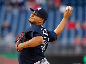 Atlanta Braves starting pitcher Jhoulys Chacin throws against the Washington Nationals at Nationals Park, Tuesday, April 12, 2016, in Washington. (AP Photo/Alex Brandon)