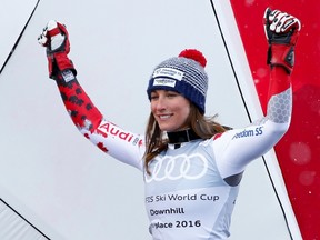 Larisa Yurkiw of Canada reacts after finishing a race at a World Cup event in Moritz, Switzerland on March 16, 2016. (REUTERS/Arnd Wiegmann)