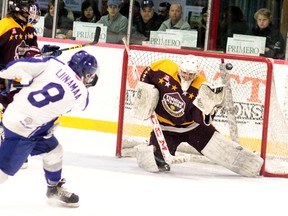 Kyle Liinamaa (8) takes a shot during Great North Midget League action earlier this season. Liinamaa is the first midget-age player to sign with the Rayside-Balfour Canadians for 2016-17. Postmedia Network photo.